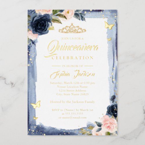 an elegant blue and gold quinceau celebration card with roses, butterflies and watercolors