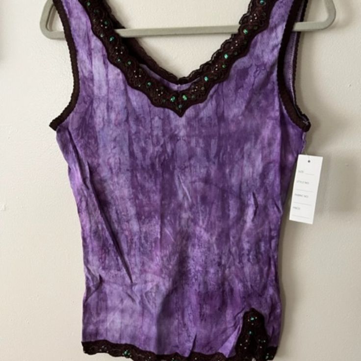 Everyday Clothing Company Tank Top, Size - L, Sleeveless, 100% Cotton, Light Purple With Brown Lace Trimming, Brand New With Tags Purple Cotton Tank Top For Spring, Spring Purple Cotton Tank Top, Casual Purple Cotton Tank Top, Stretch Purple Tank Top, Purple Stretch Tops For Summer, Purple Stretch V-neck Tank Top, Fitted Purple V-neck Tank Top, Stretch Cotton Purple Tank Top, Purple Stretch Cotton Tank Top