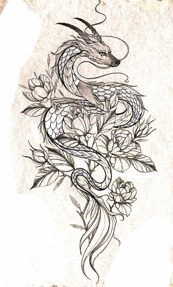 a drawing of a snake with flowers on it's back and the tail curled up