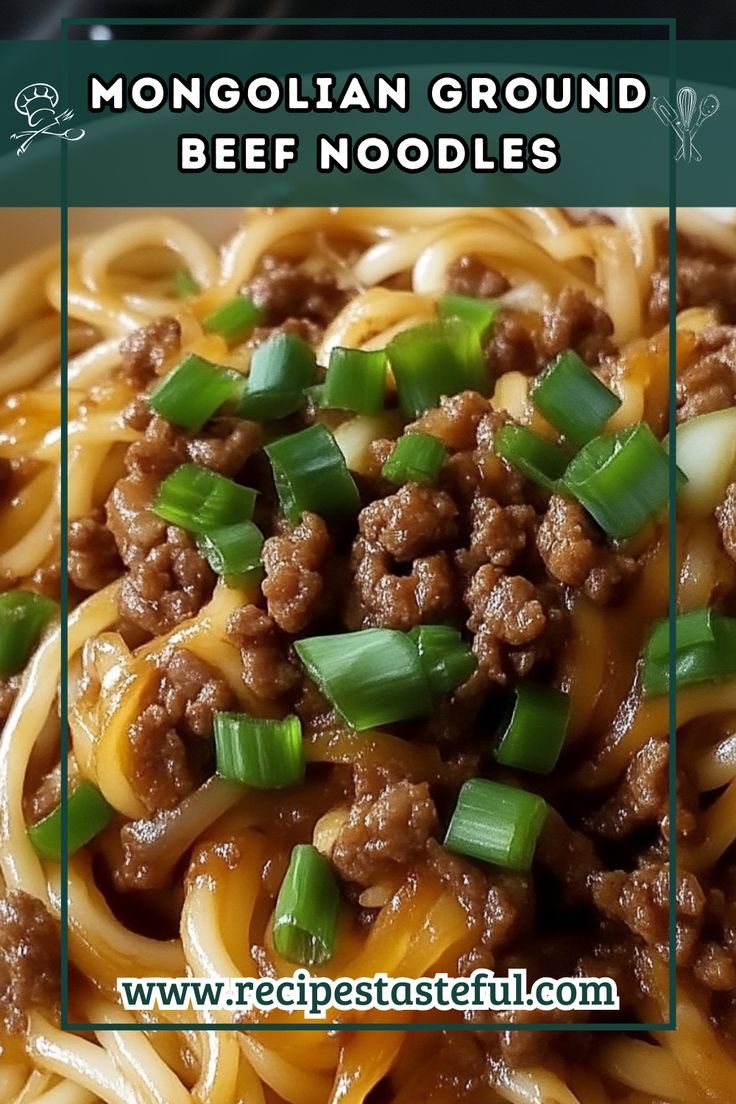 noodles with beef and green onions are served on a plate in front of the caption