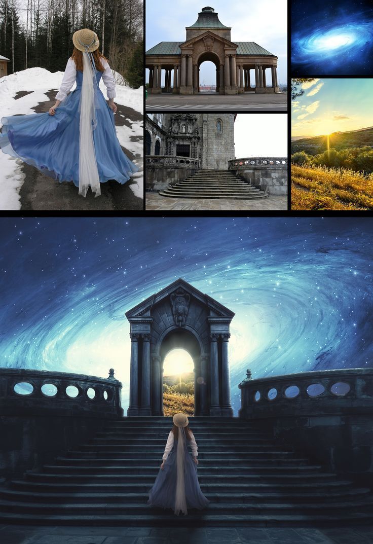 the collage shows different scenes in an artistic way, including a woman wearing a blue dress