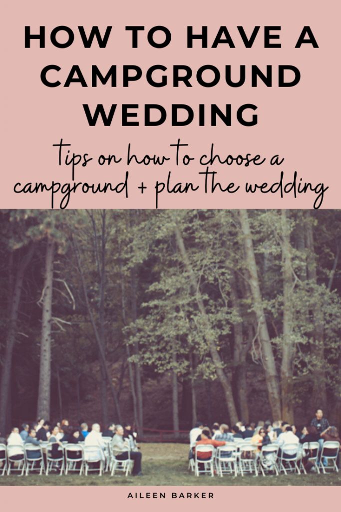 a wedding party in the woods with text overlaying how to have a campground wedding