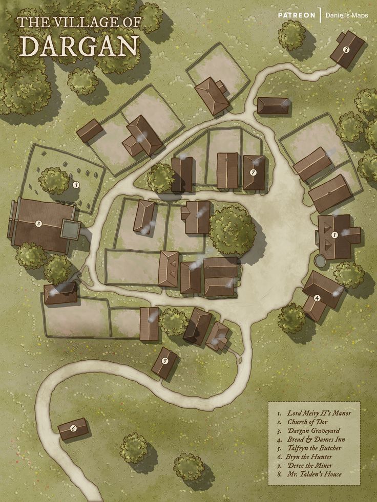 the village of dargan is shown in this map, with several buildings and trees