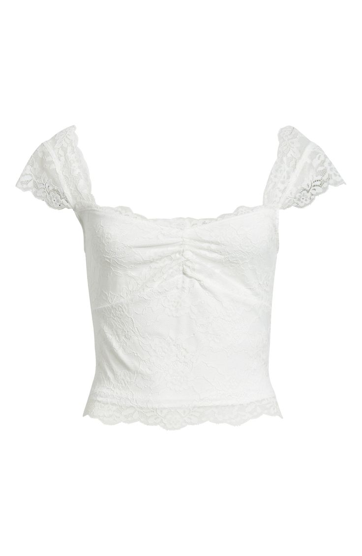 Charm endlessly in this lovely lace top designed in a cropped silhouette and framed by cap sleeves. Sweetheart neck Cap sleeves Lined 90% nylon, 10% spandex Machine wash, dry flat Imported Not available for sale and shipment to Germany Chic Cropped Top With Delicate Lace, Elegant Cropped Top With Delicate Lace, Fitted Short Sleeve Top With Delicate Lace, Fitted Tops With Delicate Lace And Short Sleeves, Fitted Cropped Lace Top With Scalloped Edges, Fitted Cropped Lace Top With Scalloped Lace, White Fitted Tops With Cap Sleeve, Elegant Scalloped Lace Cropped Top, Fitted Feminine Crop Top With Lace Trim