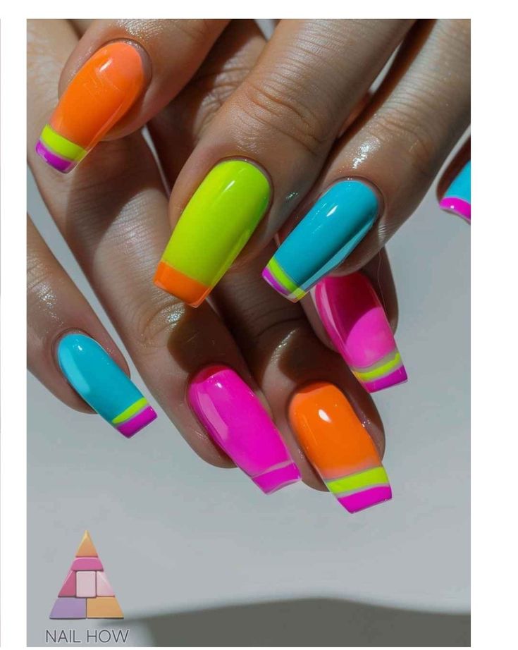 Fun Colourful Nails, Miami Vice Nails, Neon Nail Designs 2024, Orange And Hot Pink Nails, Neon Summer Nails Designs, Bright Pink And Orange Nails, Orange And Blue Nails Design, Pink And Lime Green Nails, Fun Neon Nails