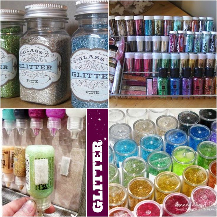 there are many different types of glitters in the jars and on the shelves with them