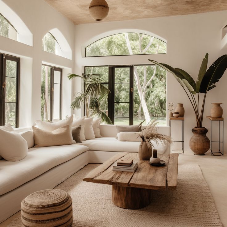 a living room filled with lots of furniture and large windows overlooking the trees in the distance