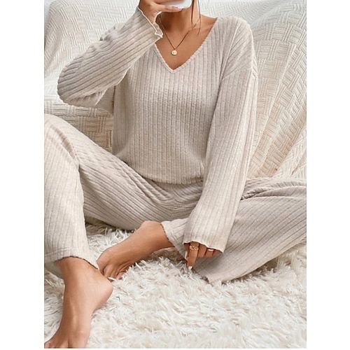 Season:Winter,Fall; Fabric:Polyester,Knit; Sleeve Length:Long Sleeve,Long Pant; Gender:Women's; Nightwear Style:Loungewear,Sets; Style:Casual,Comfort,Soft; Elasticity:Micro-elastic; Tops Type:Sweater; Occasion:Vacation,Daily,Going out,Home; Age Group:Adults; Function:Breathable; Pattern:Pure Color; Neckline:V Wire; Bottom Type:Pant; Listing Date:09/20/2023 Co Ord Loungewear, Knit Sets, Maternity Two Piece, Womens Loungewear Sets, Knit Two Piece Set, Drop Shoulder Tee, Comfy Outfit, Legging Outfits, Girl Inspiration