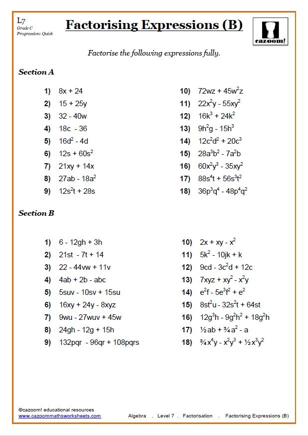 factoring expressions worksheet