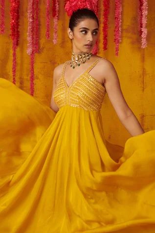 Shop for Masumi Mewawalla Yellow Silk Sequin Embroidered Anarkali for Women Online at Aza Fashions Strap Anarkali Suit, Mustard Anarkali, Peacock Couture, Rakhi 2023, V Neck Anarkali, Mustard Colored Dress, Diwali 2022, Designer Dresses Elegant, Mustard Fabric