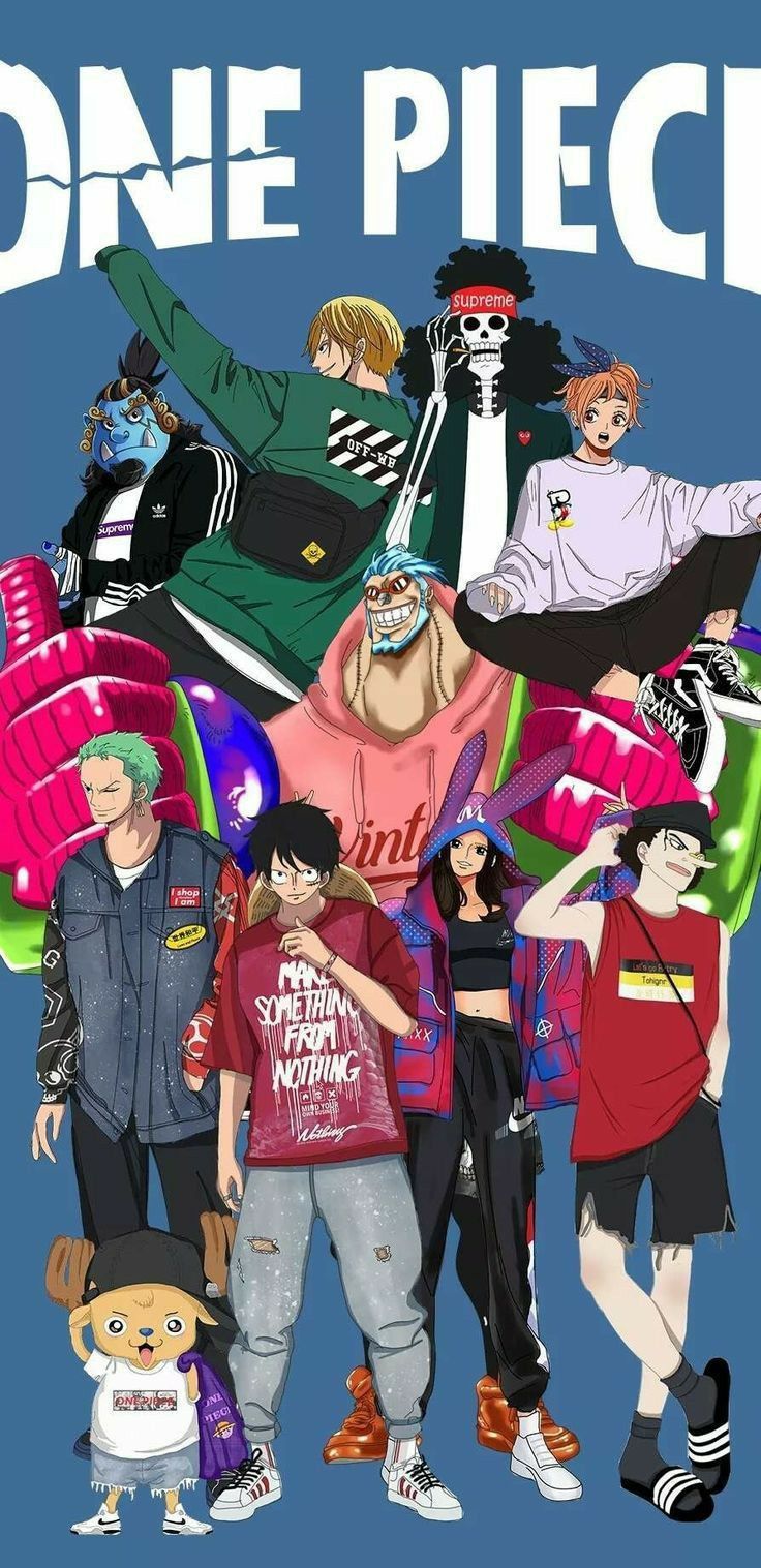 one piece poster with all the main characters and their names on it's blue background