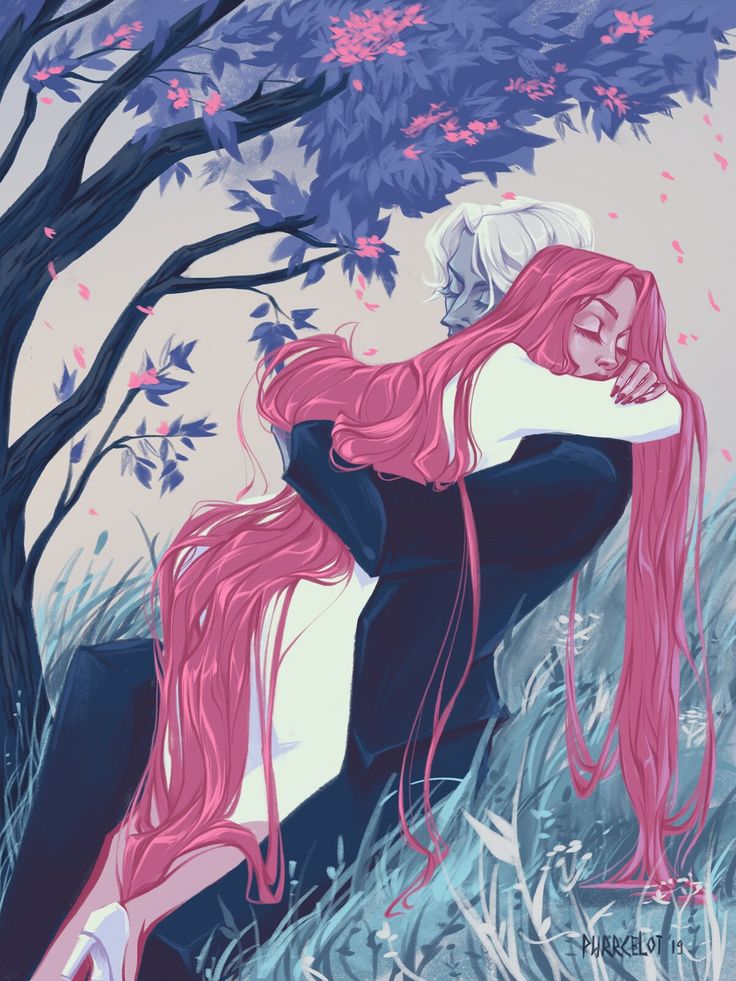 a painting of a woman with pink hair sitting in the grass next to a tree