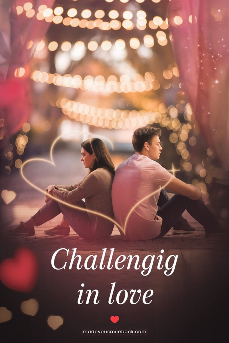 A young couple sits back-to-back on a cobblestone street under glowing string lights at night, both appearing distant and deep in thought. A golden heart outline surrounds them, symbolizing their connection despite the emotional distance. The image features a romantic and dreamy atmosphere with warm, blurred bokeh lights and pinkish hues. The text "Challenging in love" is displayed prominently, with the website "madeyousmileback.com" at the bottom. Boundaries In A Relationship, Gratitude Mindfulness, Boundaries In Relationships, Beach Romance, Relationship Conflict, Public Display Of Affection, Overcoming Challenges, True Love Is, Supportive Friends