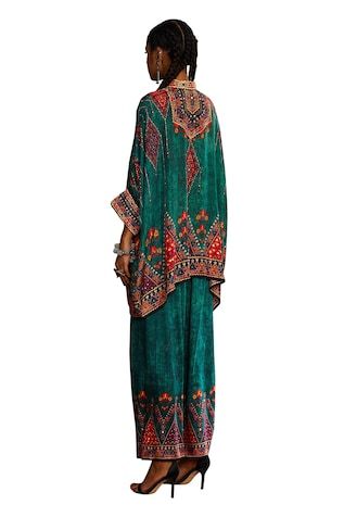 Multicolored kaftan style tunic with floral geometric pattern and embroidery along the placket. - Aza Fashions Bohemian Style Dabka Kurta For Designer Wear, Green Long Sleeve Designer Kaftan, Bohemian Eid Tunic With Printed Motifs, Festive Bohemian Kaftan With Dabka Detailing, Festive Bohemian Kaftan With Dabka, Transitional Bohemian Silk Kurta, Traditional Printed Motifs Kaftan Tunic, Traditional Tunic Kaftan With Printed Motifs, Bohemian Silk Kurta For Eid