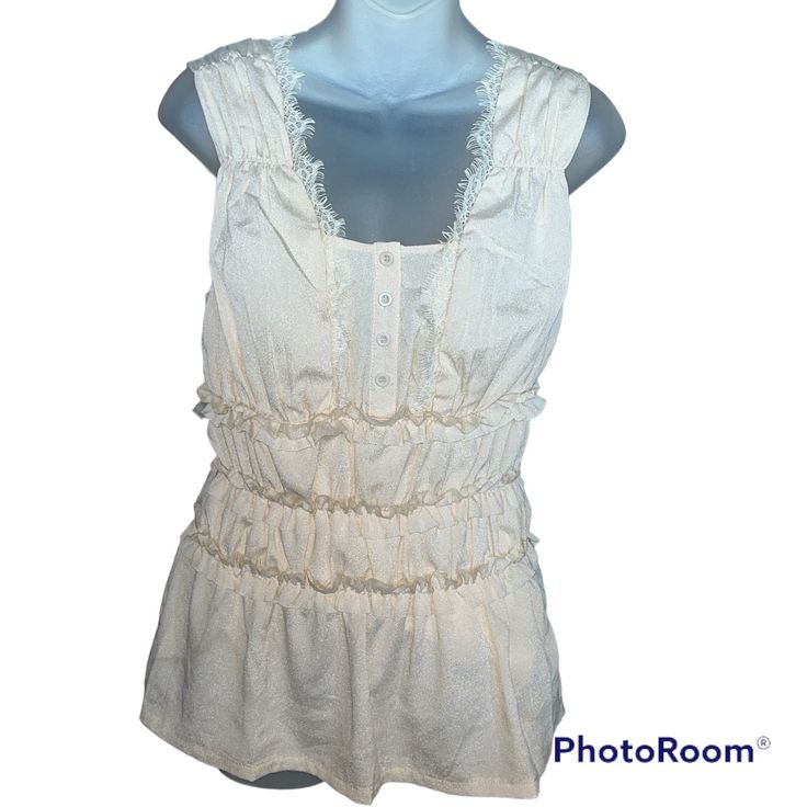 Nwt, Boutique Color Ivory Side Zipper Size Medium 100% Polyester Fully Lined Functional Buttons On Chest (Te22) Sleeveless Cream Blouse With Ruffles, Cream Sleeveless Blouse With Ruffles, Cream Sleeveless Cotton Blouse, Off-white Casual Ruffled Tops, Casual Off White Ruffle Tops, Sleeveless Cream Top With Ruffles, Cream Sleeveless Top With Ruffles, Cream Ruffled Blouse For Day Out, Off White Ruffled Tops For Day Out