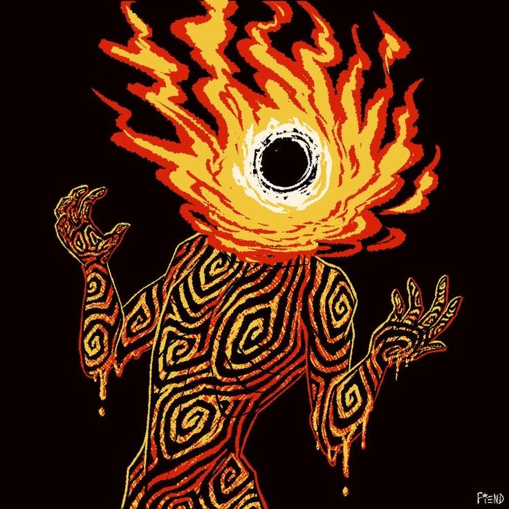 an image of a man with fire coming out of his head and hands in the air