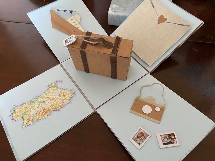 a brown box sitting on top of a wooden table next to pictures and postcards