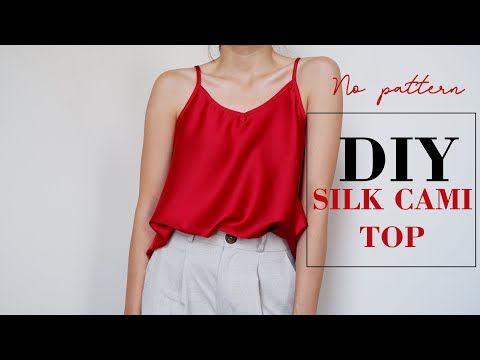 a woman standing in front of a white wall with the words diy silk cami top