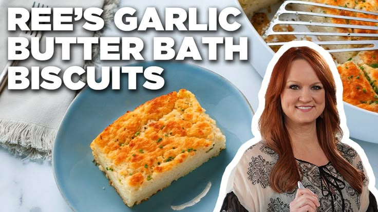 a woman standing in front of a plate of food with the words reese's garlic butter bath biscuits