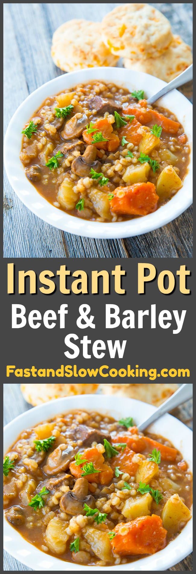 instant pot beef and barley stew in a white bowl on a wooden table with bread