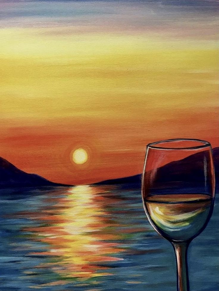 a painting of a glass of wine on a table with the sun setting in the background