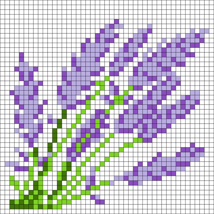 a cross stitch pattern with purple flowers in the middle and green stems on each side