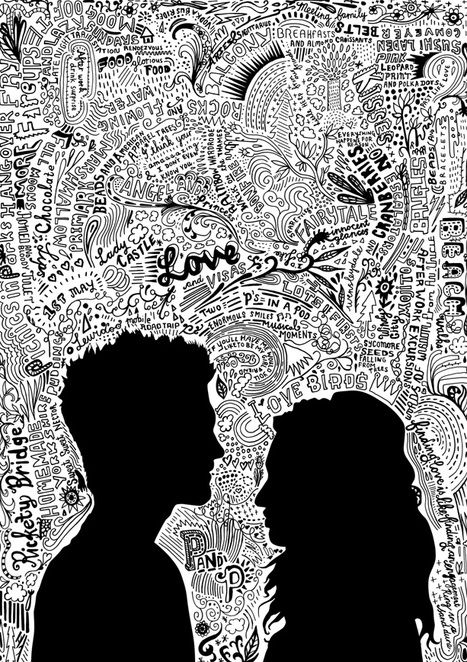 two people are silhouetted against a wall with words written on it