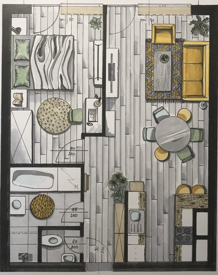 an overhead view of a floor plan with furniture and decor on the top level,