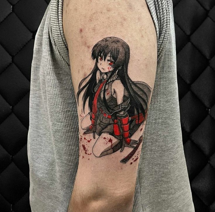 Akame tattoo/ akame ga kill/ anime tattoo Anime Tattoo Ideas For Women, Anime Sleeve Tattoos For Women, Horror Anime Tattoo, Akame Tattoo, Windbreaker Tattoo, Dark Anime Tattoo, Anime Tattoo Ideas Manga, Kill Tattoo, Womans Tattoo