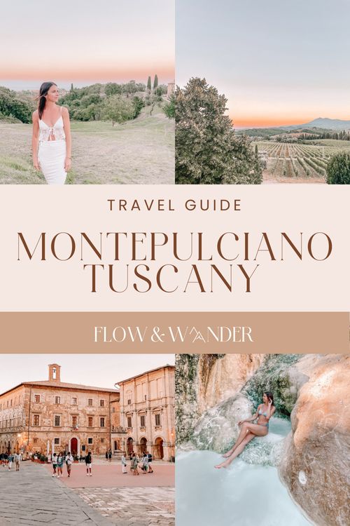 a woman in white dress standing next to a river and buildings with the words travel guide montepuciano tuscany on it