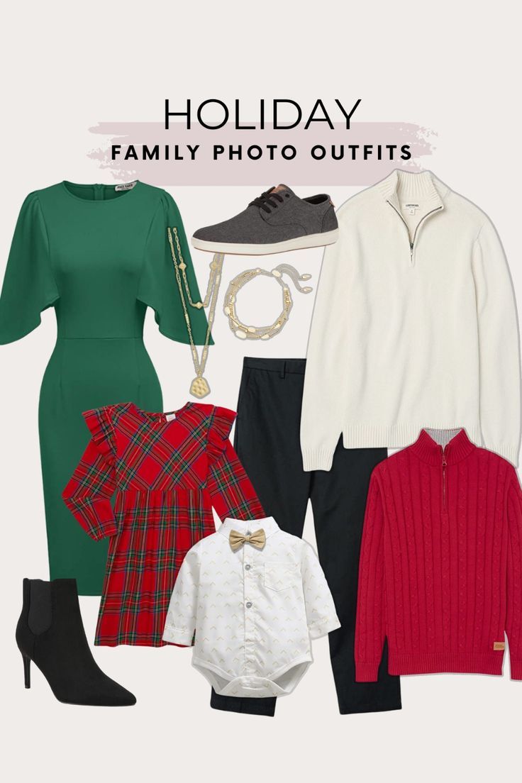 the holiday family photo outfits are all in green, red and white with black accents