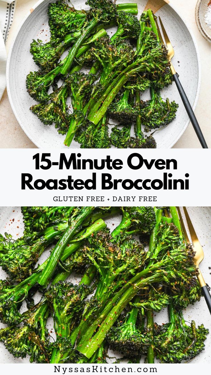 the broccoli is cooked and ready to be eaten with text overlay that reads 15 - minute oven roasted broccoli