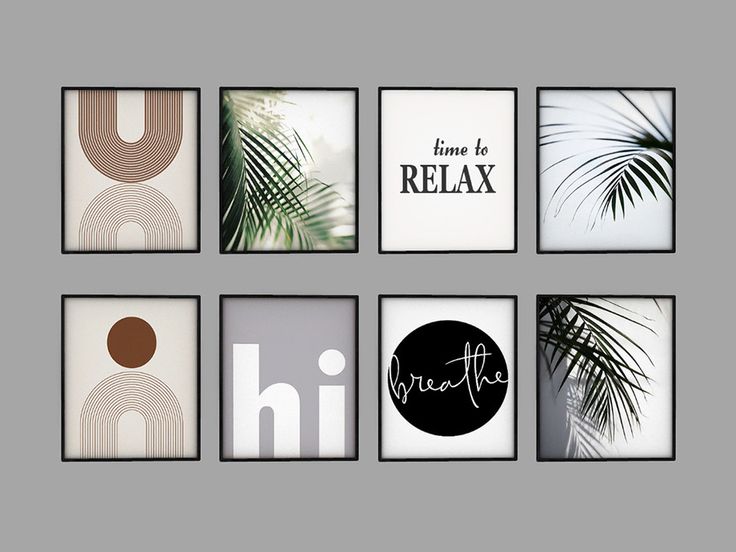 a set of six framed art prints featuring palm trees, leaves and the words relax