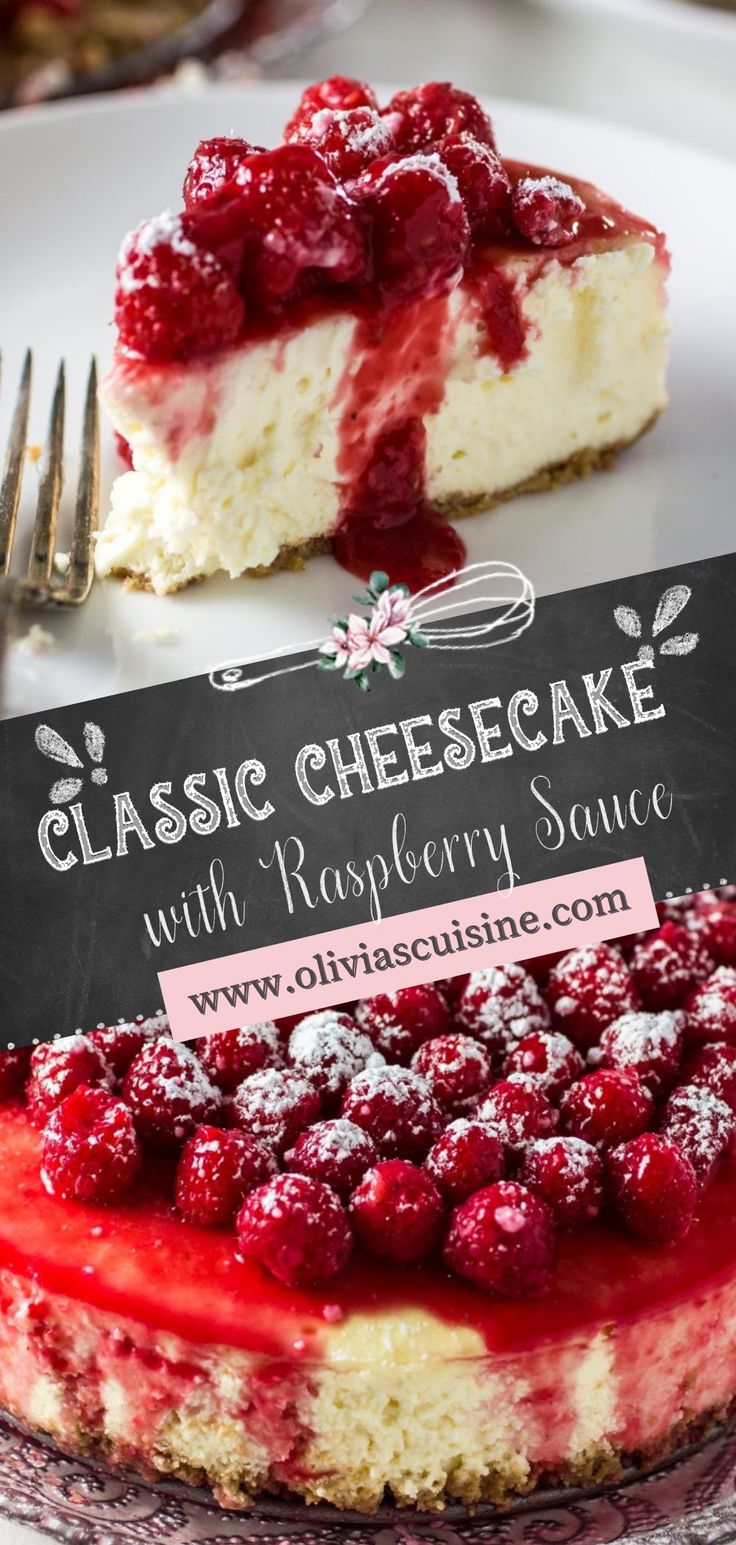 a piece of cheesecake with raspberry sauce on top