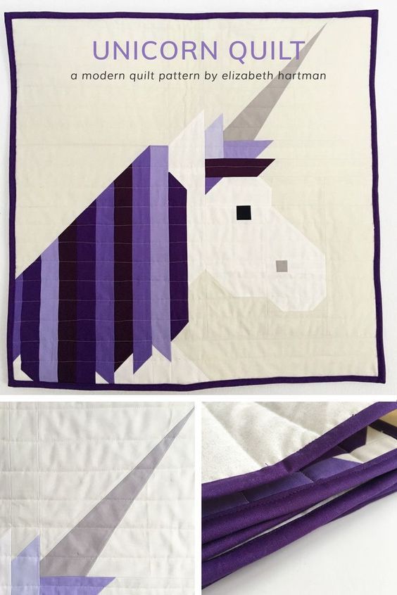 the unicorn quilt is made with purple and white strips