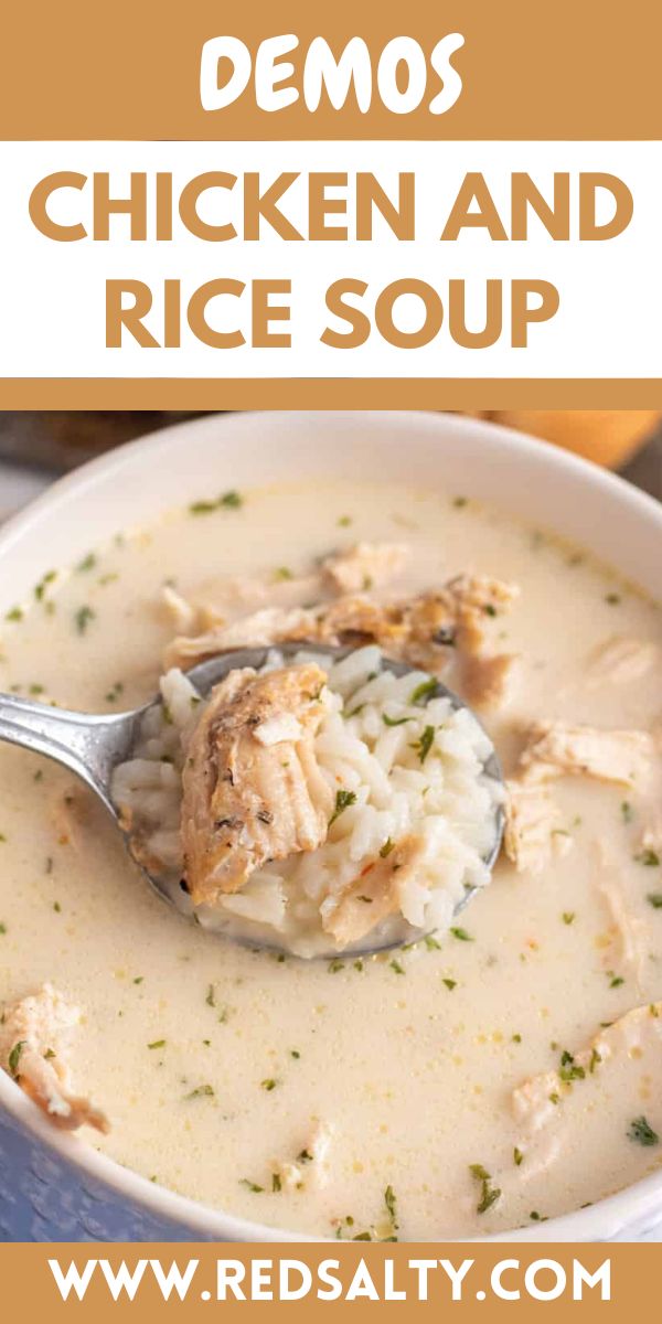 chicken and rice soup in a white bowl with a spoon