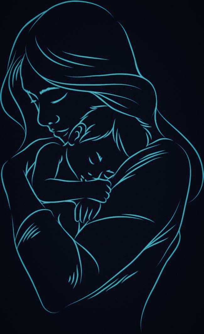 a drawing of a woman holding a baby in her arms, with the background purple and blue