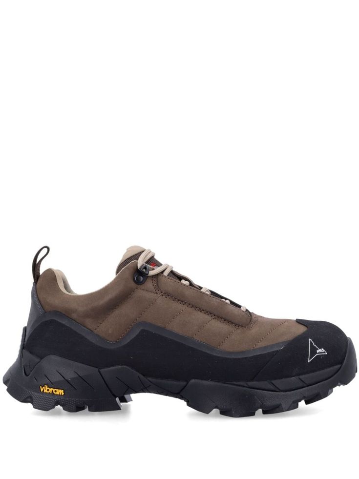 brown suede panels front lace-up fastening pull-tab at the heel logo-embroidered tongue round toe rubber toecap Vibram® Megagrip sole Sneakers Brown, Hiking Sneakers, Balenciaga Track, Brown Sneakers, Balenciaga Triple S, Derby Shoes, Brown Shoe, Athletic Sneakers, Espadrille Shoes