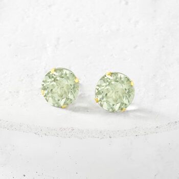 Ross-Simons - 7.70 ct. t. w. Prasiolite Stud Earrings in 14kt Yellow Gold. Embrace a new gemstone hue that's fresh, feminine and unique. These lighthearted studs sparkle with 7.70 ct. t. w. round prasiolites set in polished 14kt yellow gold. Post/clutch, prasiolite stud earrings. Black Onyx Hoop Earrings, Emerald Earrings Drop, Opal Drop Earrings, Woven Ring, Amethyst Necklace Pendant, Crystal Bead Necklace, Opal Earrings Stud, Yellow Gold Jewelry, Opal Studs