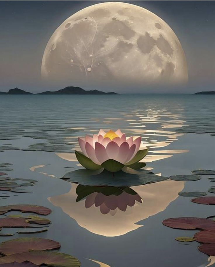 a pink flower floating on top of a lake under a full moon