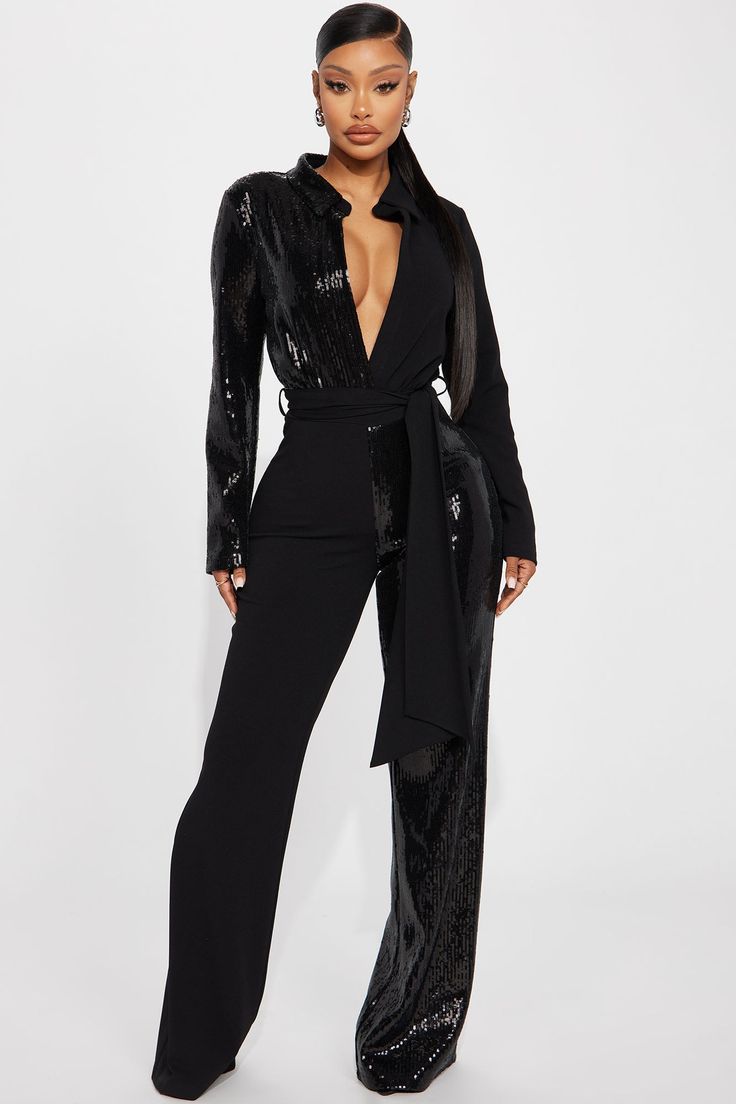 Available In Black. Jumpsuit Collar Long Sleeve Wide Leg Tie Waist Wide Leg Slight Stretch Shell/Lining: 95% Polyester 5% Spandex Imported California Proposition 65 WARNING: Cancer and Reproductive Harm - www.P65Warnings.ca.gov. | All By Myself Sequin Jumpsuit in Black size Large by Fashion Nova Formal Romper Outfit, Black Romper Outfit Night, Black Cocktail Attire, Black Jumpsuit Outfit Night Classy, Black Jumpsuit Outfit Night, Jumpsuit Elegant Formal, Sequin Jumpsuit Outfit, Rose Gold Sequin Jumpsuit, Nye 2025