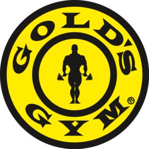 the logo for gold's gym is shown in black and yellow with an image of a man holding two dumbbells