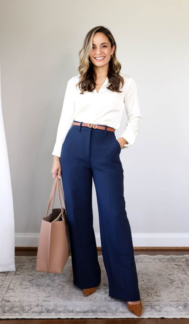 Business Casual Outfits Navy Pants, Navy Blue And Tan Outfit, Blue Office Outfits Women, Blue Pants Work Outfit, Slacks Outfit Formal, Lawyer Outfits Women, Slacks Outfit, Corporate Girl, Pants Outfit Work