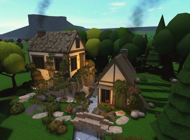 House With Pond In Front Yard, Bloxburg Treehouse Layout, Bloxburg Nature House, Bloxburg Garden House, Front Yard Bloxburg, Camp Bloxburg, Village Bloxburg, Cottage House Bloxburg, Bloxburg Village