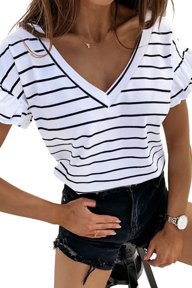 White Stripe V-neck Short Sleeve T Shirt Chic White V-neck T-shirt, Casual White V-neck Short Sleeve Top, White V-neck T-shirt For Summer, White Cotton V-neck Short Sleeve Top, White Cotton V-neck Top With Short Sleeves, Casual White V-neck Top, White V-neck Short Sleeve Top For Summer, White V-neck Casual Top, White Cotton V-neck Top For Summer