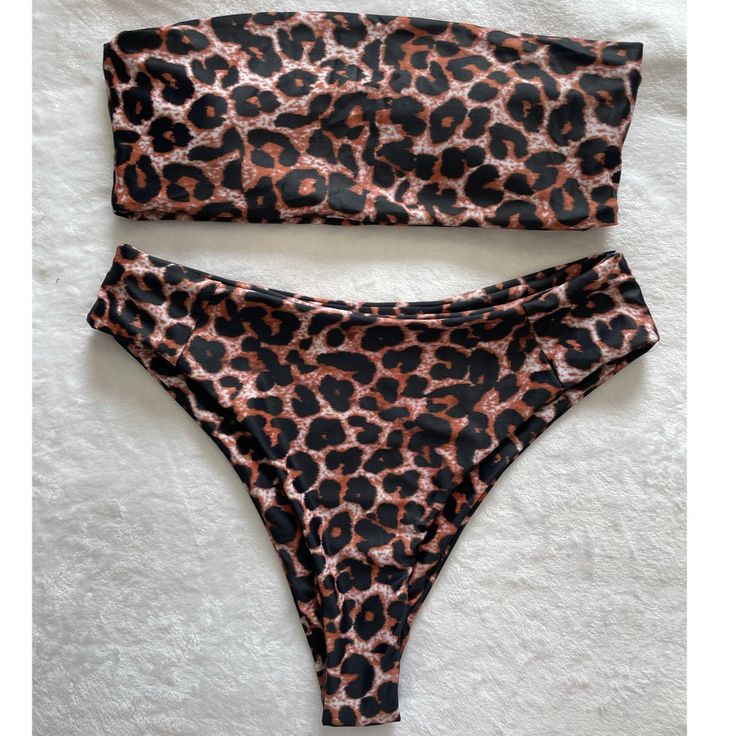 New Without Tag, Never Worn Leopard Print Bandeau Bikini Top | High Waisted Leopard Print Bikini Bottoms | Size S | Both Run Big | Can Be Sold Separately, Make Me An Offer Fitted Leopard Print Tankini For Swimming, Brown Bandeau Swimwear For Summer, Brown Bandeau Swimwear For Poolside, Brown Fitted Swimwear For Pool, Fitted Brown Swimwear For Pool, Brown Stretch Swimwear For Party, Brown Strapless Swimwear For Summer, Fitted Brown Swimwear For Poolside, Party Stretch Brown Swimwear