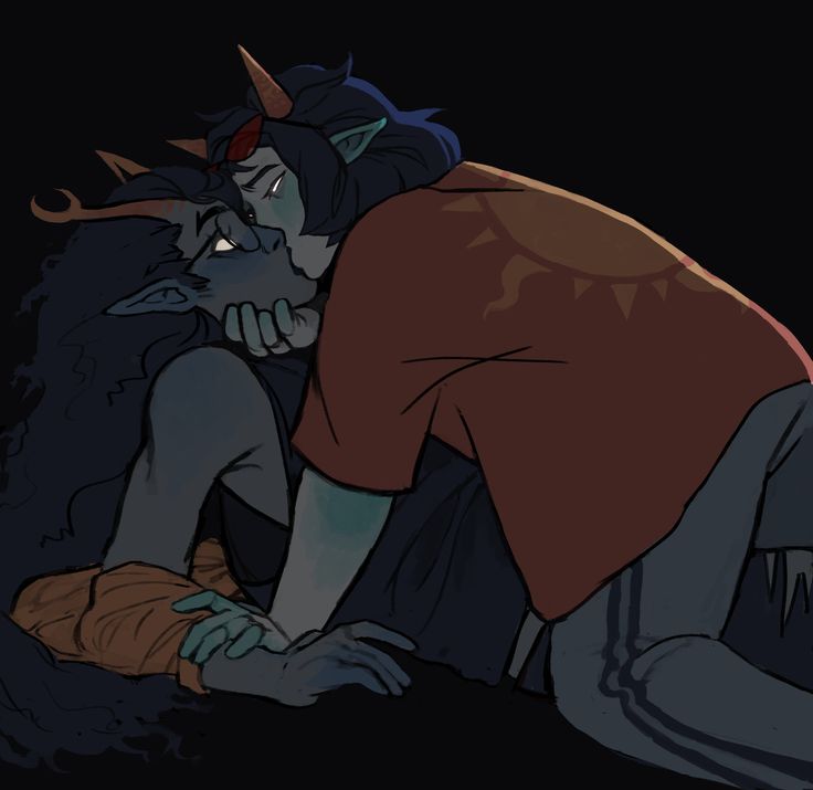 an animated image of a man being hugged by another person with horns on his head