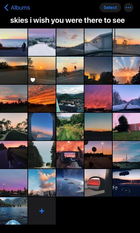 an iphone photo collage with sunsets, clouds and trees in the background that says skies i wish you were there to see