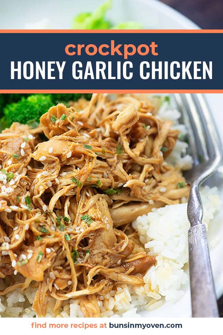 the crockpot honey garlic chicken is served over rice with broccoli on the side