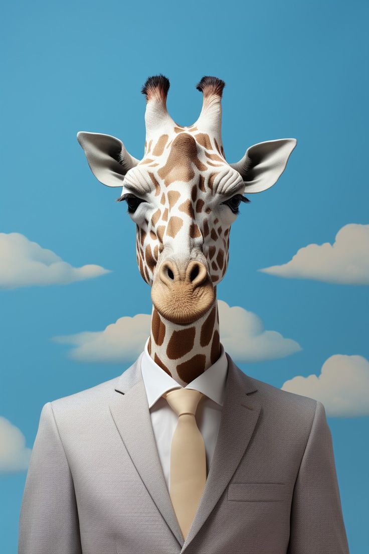 a giraffe wearing a suit and tie in front of a blue sky with clouds